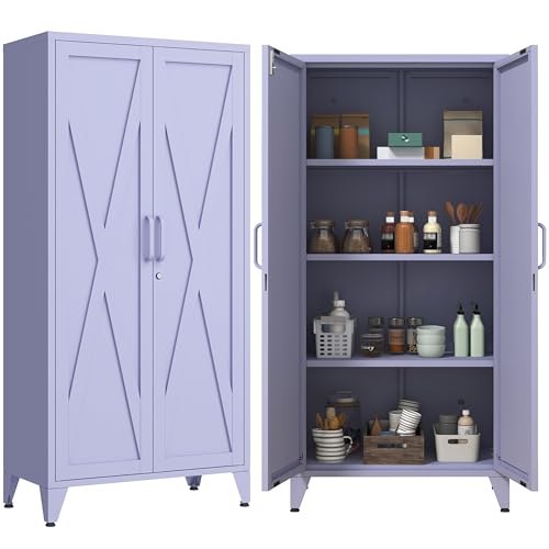 61" Tall Farmhouse Metal Pantry Cabinet with 3 Adjustable Shelves, 4-Tier Storage Organizer, 2-Door Freestanding Storage Cabinets, Easy Assembly, for Kitchen, Entryway, Home Office, Kids Room, Purple - color: Lilac, style: Pantry-61"H-DH