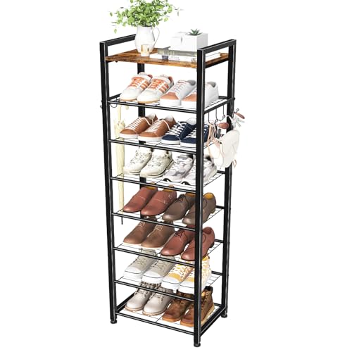Simple Trending 8 Tiers Shoe Rack 16 Pairs Tall Wooden Plank Shoe Shelf with Hooks for Closet Entryway Organizer Sturdy Free Standing Shoe Storage Cabinet，Black - size: 8 Tiers