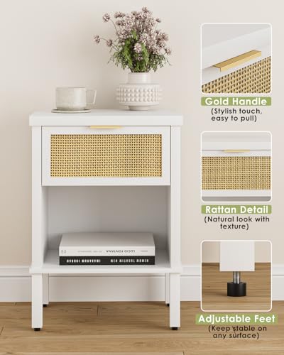 Rattan Nightstand with Drawer and Open Shelf, Boho Side Table with Gold Handle, Small Night Stand, Modern Bedside Table for Bedroom, White - color: White