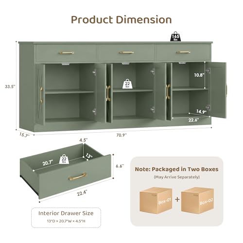 HOSTACK 71"W Farmhouse Kitchen Sideboard Buffet Cabinet with Storage, Green | Large Coffee Bar Cabinet with 3 Wide Drawers, Long Buffet Table with Shelves, Kitchen Storage Cabinet for Dining Room - color: Green