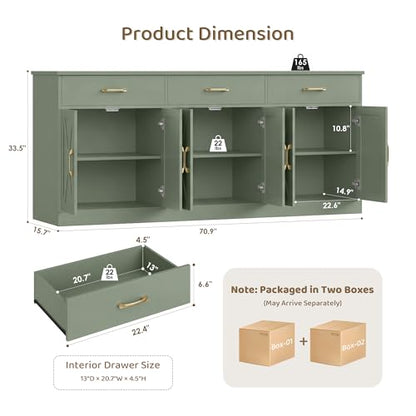 HOSTACK 71"W Farmhouse Kitchen Sideboard Buffet Cabinet with Storage, Green | Large Coffee Bar Cabinet with 3 Wide Drawers, Long Buffet Table with Shelves, Kitchen Storage Cabinet for Dining Room - color: Green