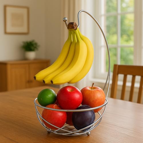 BNYD Chrome Fruit Bowl with Banana Holder – 14" Countertop Wire Basket with Banana Hook, Modern Fruit Basket with Banana Tree Hanger for Kitchen Table or Island Storage