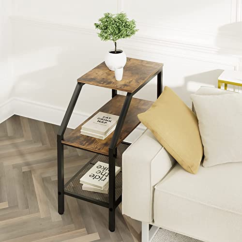 Wolawu End Table 3 Tiers 2pcs Wood Nightstand with Storage Ladder Shelf,Industrial Sofa Side Table for Small Space, Modern Trapezoid Plant Stand in Living Room Bedroom,Gold Metal Frame - color: Brown