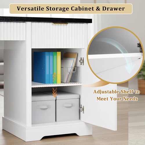 55" Modern Fluted Office Desk with Storage Cabinet & Drawers, Computer Writing Desk with Power Outlet, Pegboard, Built-in Shelves & Keyboard Tray for Study, Home Office, White - color: White