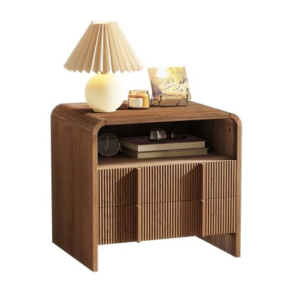 AMERLIFE Fluted Night Stand with Storage Drawers, Modern Small Nightstand & Bedside Table with Open Shelf, Curved Profile Design & Pine Handles, Wood End Table for Bedroom, Walnut - color: Walnut