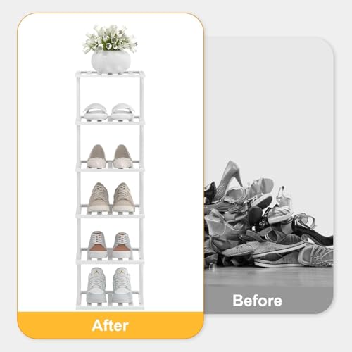 SHIISEWE White Bamboo Shoe Rack for Small Spaces 6 Tier Tall Vertical Narrow Rack - color: White, size: 6 Tier