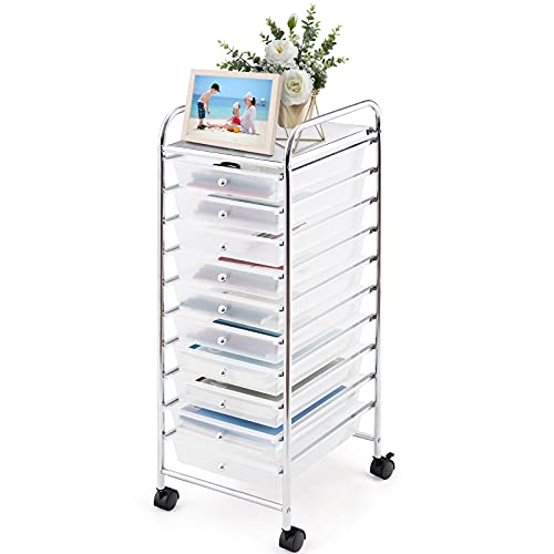 GOFLAME 10-Drawer Rolling Storage Drawer Cart, Utility Cart with Removable Drawers & Metal Frame, Mobile Art Craft Drawer Cart with Lockable Wheels for Home, Office, Studio, School, Clear - color: Clear, size: 10-Drawer without Wood Top