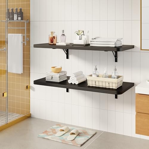 Dogsky 36" x 14" Floating Wall Desk, Fold Down Wall Table - 200 lbs Heavy Duty Solid Pine Wall Mount Folding Desk for Home Office, Laundry Room, Kitchen & Small Apartment, Black - color: Black, size: 36'' x 13.7'' x 6.3''