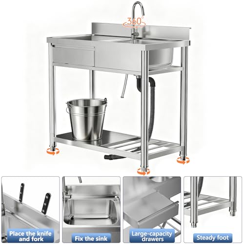 304 Stainless Steel Outdoor Utility Sink with Workbench & Storage Shelf, Freestanding Prep Table with Left Drawer, 39" Garden Patio Sink Station with 360° Hot & Cold Water Faucet - size: 39.3" x20.3" x 35.1"