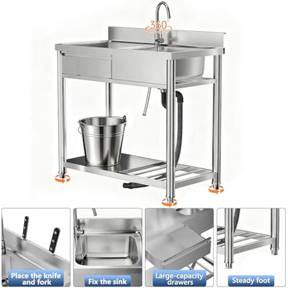 304 Stainless Steel Outdoor Utility Sink with Workbench & Storage Shelf, Freestanding Prep Table with Left Drawer, 39" Garden Patio Sink Station with 360° Hot & Cold Water Faucet - size: 39.3" x20.3" x 35.1"