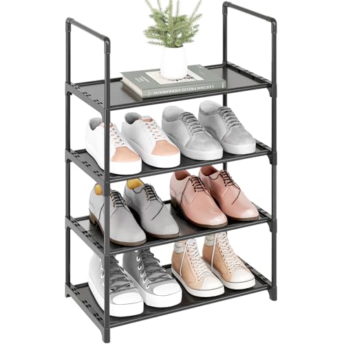 Upgrade Stackable Small Shoe Rack, 4-Tier Shoe Shelf Storage Organizer with Handle for Entryway, Hallway and Closet (Black) - size: 4-Tier(Black)-Small