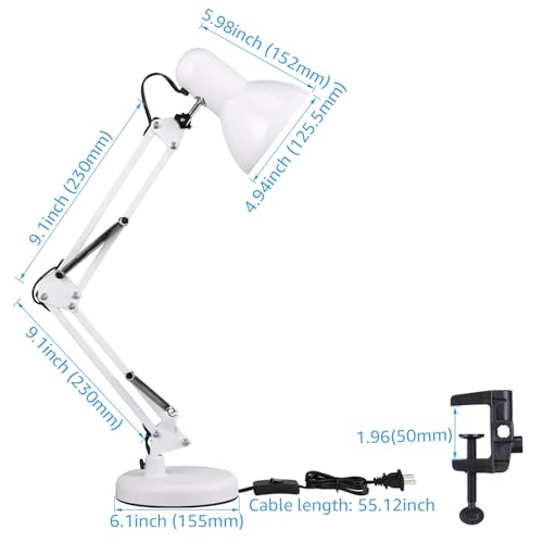 TORCHSTAR Metal Desk Lamp, Adjustable Swing Arm, E26, White | Architect Gooseneck Multi-Joint Clip Table Lamp with Plastic Clamp, for Home Office, Work, Study, Reading, Bulbs not Included - color: White