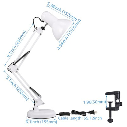 TORCHSTAR Metal Desk Lamp, Adjustable Swing Arm, E26, White | Architect Gooseneck Multi-Joint Clip Table Lamp with Plastic Clamp, for Home Office, Work, Study, Reading, Bulbs not Included - color: White