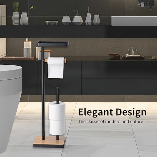 Clasin Home Toilet Paper Holder Stand, Free Standing Toilet Paper Holder with Storage and Top Shelf, Black Toilet Paper Stand Weighted Base with Bamboo Design for Bathroom - color: Black With Bamboo Base