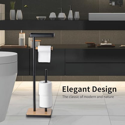 Clasin Home Toilet Paper Holder Stand, Free Standing Toilet Paper Holder with Storage and Top Shelf, Black Toilet Paper Stand Weighted Base with Bamboo Design for Bathroom - color: Black With Bamboo Base