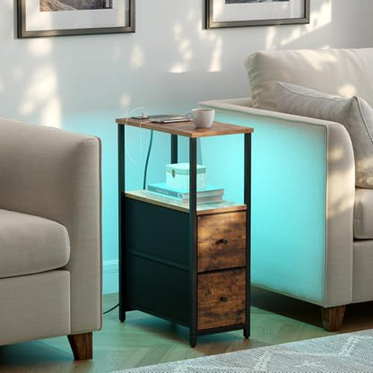 TUTOTAK Small Narrow LED End Table with Charging Station, Side Table Outlets, Nightstand with 2 Cloth Drawers, Set of 2, Couch Table, for Living Room, Bedroom, Bedside, Brown TB01BB056 - color: Brown, style: 2 Drawers with Plug & Light