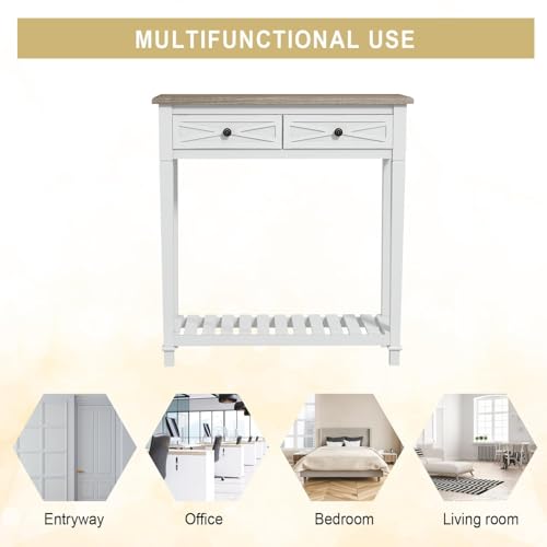 Narrow Entryway Table, 2-Tier Wooden Sofa Console Table with 2 Drawers and Storage Shelf, Couch Furniture Behind Sofa Hallway Entryway Living Room, White - color: White