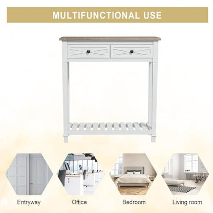 Narrow Entryway Table, 2-Tier Wooden Sofa Console Table with 2 Drawers and Storage Shelf, Couch Furniture Behind Sofa Hallway Entryway Living Room, White - color: White