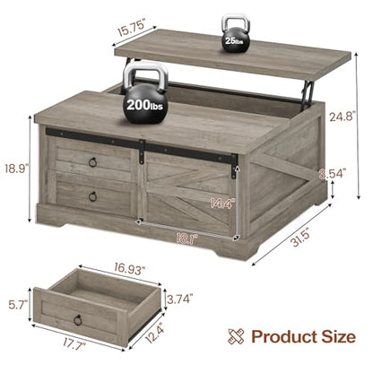Itaar 39.4'' Lift Top Coffee Table with Storage, Farmhouse Coffee Tables for Living Room, Square Coffee Table with Large Hodden Compartment & 2 Drawrs & Adjustables Shelves (Gray) - color: Grey