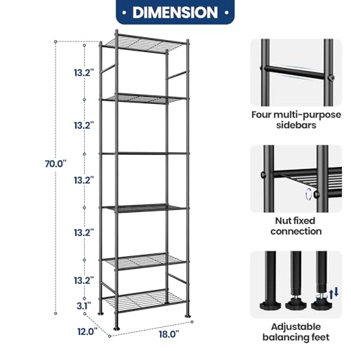 Abiglifty Storage Shelves, 6-Tier Metal Shelving, Closet Shelves with Adjustable Leveling Feet, Shelf Organizer for Kitchen, Pantry, Laundry - size: 6 Tier