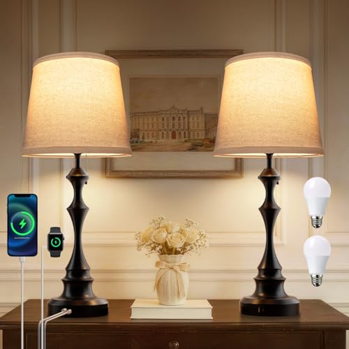 EppieBasic 22" Farmhouse Bedside Table Lamps Set of 2 with 3-Way Dimmable | with USB-C+A Charging Ports, Rustic Pull Chain Switch, Beige Linen Shade, for Bedroom, Living Room, Nightstand - style: XT-01
