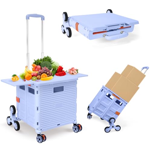 Foldable Utility Cart Folding Portable Rolling Crate with Magnetic Extended Lid,360°Rotate Wheels,176LBS Load Capacity,Heavy Duty Durable Dolly Cart(Blue) - color: Blue, size: Magnetic Extended Lid &Climber Wheels