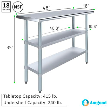 Stainless Steel Work Table with 2 Shelves | Metal Utility Table | Commercial & Residential NSF Utility (Stainless Steel Table with 2 Shelves, 48" Long x 18" Deep) - size: 48" Long x 18" Deep