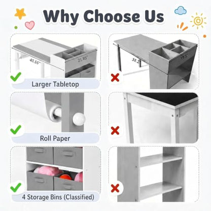 Kids Art Table & 2 Chairs Set, Wooden Activity Craft Desk w/ Paper Roll | Sturdy Wooden Table with Organizers, Open Shelves, Removable Bins, for Toddlers Art Crafts Drawing Painting Writing (Grey) - color: Grey