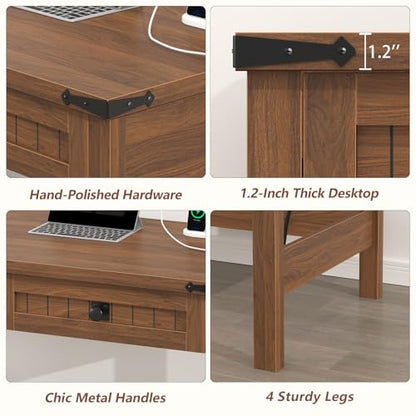 YOMILUVE Farmhouse Computer Desk with 2 Drawers, 39 Inch Small Office Computer Desk with Power Outlets, Compact Writing Study Vanity Desk for Small Spaces, Brown - color: Brown