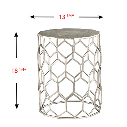 SEI Furniture Clarissa Metal Honeycomb Accent Table, Geometric Style Round Console Table With Faux Leather Top for Living Room, Silver, 13.75 in x 13.75 in x 18.25 in