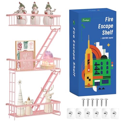 SweetSage Fire Escape Shelf - Pink Wall Decor Floating Shelves, Cute Metal Ladder Shelving for Bedroom, Home Decor Display (3-Tier) - color: Pink