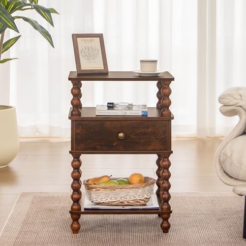 AWASEN Night Stand, Bed Side Table Bedroom with Drawer, 3-Tier Small Nightstand End Table with Storage for Small Spaces &Solid Wood Spindle Legs, Rustic Brown - color: Rustic Brown