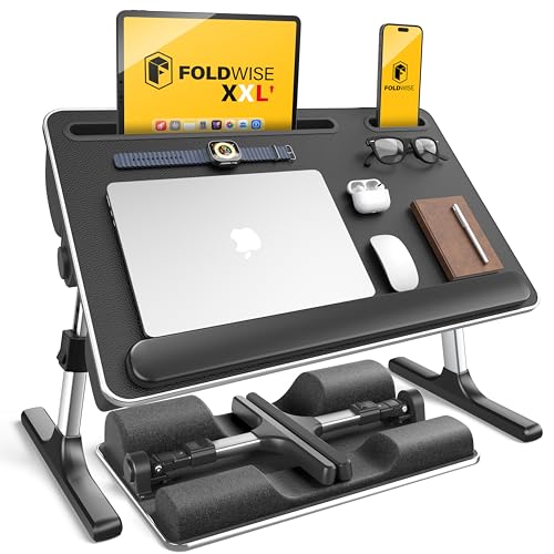 FoldWise 2-in-1 Lap & Bed Desk with Soft Cushions - Adjustable Height & Angle, Foldable Laptop Stand for Bed & Couch - Wrist Rest, iPad Holder, Stopper & Non-Slip Leather - Bed Table for Adults & Kids - color: Black