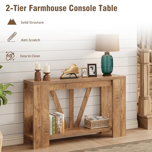 Console Table for Entryway, 47 Inches Narrow Sofa Table Behind The Couch, Farmhouse Wood Entry Table with Storage Shelves for Hallway Foyer Living Room, Rustic Wood Grain
