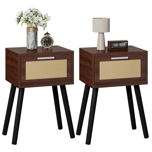 YMYNY Nightstand Set of 2, End Table, Small Bedside Table, Handmade Rattan Decorated Drawer, Solid Wood Legs, Modern Side Table for Bedroom and Small Spaces, Walnut UHST010LW-2 - color: Walnut + Black