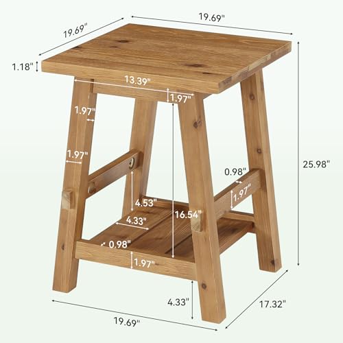 Solid Wood Square Side Table, 2 -Tier Farmhouse End Table, Nightstands with Shelf Storage for Living Room, Bedroom, Office and Small Spaces, Rustic Brown