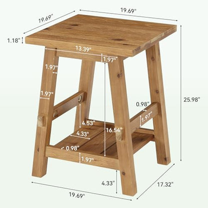 Solid Wood Square Side Table, 2 -Tier Farmhouse End Table, Nightstands with Shelf Storage for Living Room, Bedroom, Office and Small Spaces, Rustic Brown