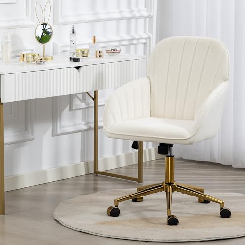 Velvet Make Up Vanity Chair with Wheels and Gold Base 330 Lbs - Beige | Home office Chair, Study Chair, Teacher Chair, Cute Chair, Height Adjustable Swivel Desk Chair, for Living Room Study Room - color: Beige