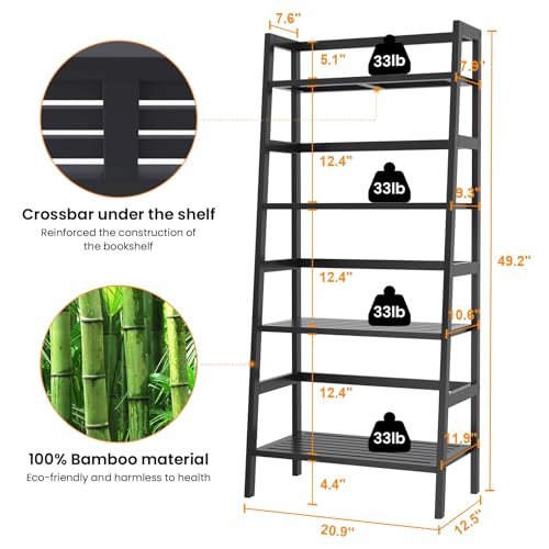 Homykic Bamboo Bookshelf 4-Tier Ladder Shelf, 49.2” Freestanding Open Bookcase Book Shelf Bathroom Storage Shelf Unit Plant Stand for Small Space, Living Room, Bedroom, Home Office, Black - color: Black