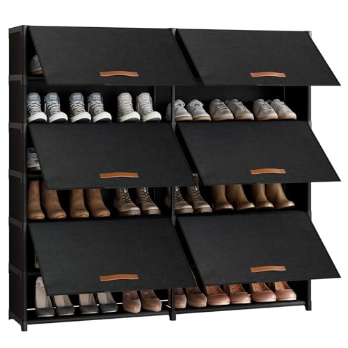 Shoe Storage Cabinet with Door, 42 Pairs Shoe Rack 2 by 7 Tier Space Saving Plastic Shoe Organizer with Cover for Closet, Hallway, Living Room, Bedroom, Garage, Black - size: 2 by 7(42 Pairs)