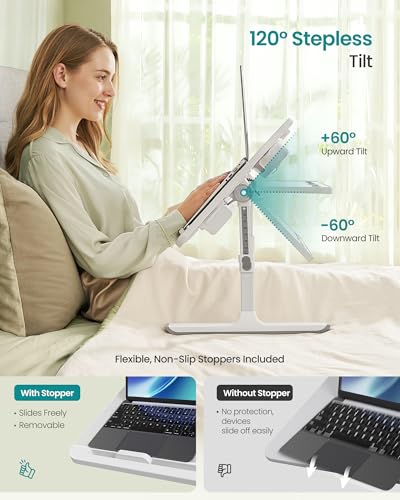 SONGMICS Bed Laptop Desk, Foldable Bed Desk for Laptop, 15.7 x 22 Inches Large Desktop, 120° Stepless Tilt, Adjustable Height, Cup Holder, Tray, Portable Bed Sofa Table, Gray ULLD113GZ01
