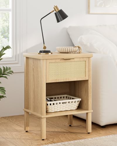 Rattan Nightstand with Drawer and Open Shelf, Boho Side Table with Gold Handle, Small Night Stand, Modern Bedside Table for Bedroom, Natural - color: Natural