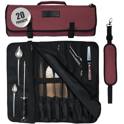 Asaya Waxed Nylon Chef Knife Roll Bag with 20 Slots and Zippered Pockets - Professional Chef Knife Bag & Storage Case, Tool Carrier with Shoulder Strap - Knives Not Included (Red) - color: Red