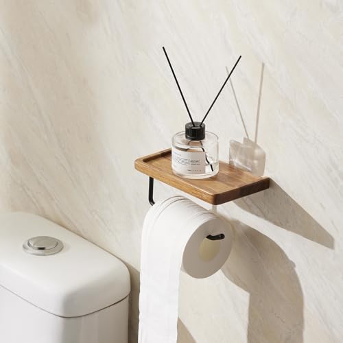 Yangbaga Toilet Paper Holder with Shelf: Wall Mount Bathroom Tissue Roll Storage with Adhesive& Screw, Matte Black Aluminum Alloy Bathroom Accessories Wood Shelf for Phone Wipes