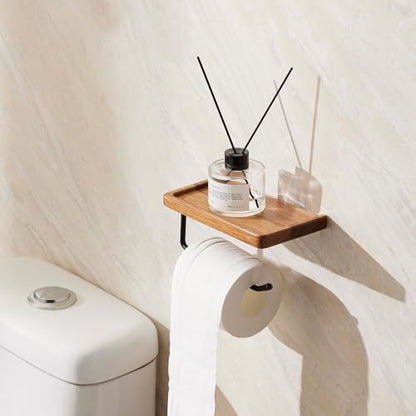Yangbaga Toilet Paper Holder with Shelf: Wall Mount Bathroom Tissue Roll Storage with Adhesive& Screw, Matte Black Aluminum Alloy Bathroom Accessories Wood Shelf for Phone Wipes