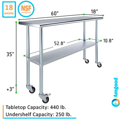 AmGood 60" Long x 18" Deep Stainless Steel Table with Casters - size: 60" Long x 18" Deep