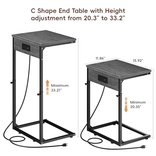 Vagusicc C Shaped End Table with Charging Station, Adjustable Height Side Table for Couch, Small Side Table, 33.2'' Tall Couch Tables that Slide Under, Tv Tray End Table for Living Room, Gray Walnut - color: Gray Walnut (1 Pack), style: With Plug