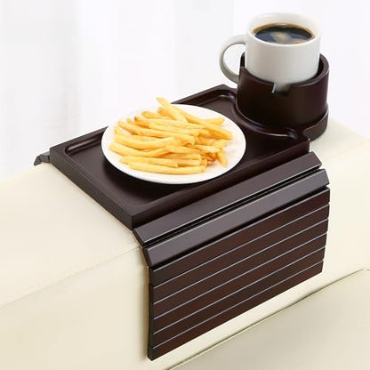 Couch Cup Holder Tray, 2 in 1 Bamboo Couch Armrest Table Clip on Sofa Armrest Table,Foldable Anti Silp Arm Rest Side Tray for Drink Coffee Mug, Snacks, Remote - color: Black Walnut