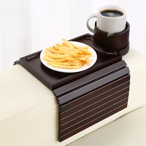 Couch Cup Holder Tray, 2 in 1 Bamboo Couch Armrest Table Clip on Sofa Armrest Table,Foldable Anti Silp Arm Rest Side Tray for Drink Coffee Mug, Snacks, Remote - color: Black Walnut