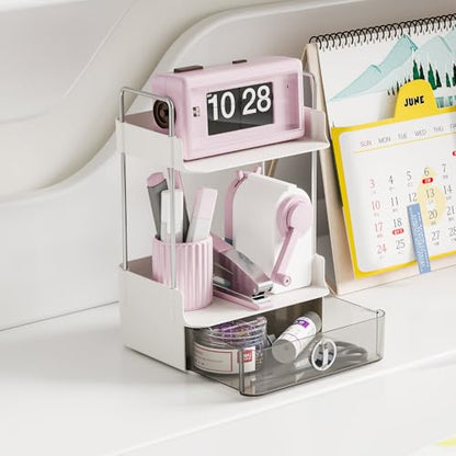 Small Vanity Organizer for Dresser & Countertop - Dorm & Home Office Makeup Storage (7.8"x5.9") with Metal Support, 2-Tier Design with Drawer for Skincare, Perfume, College & Apartment